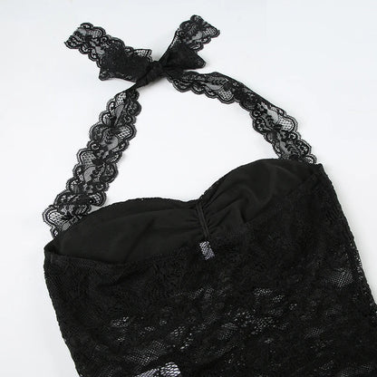 Cuteandpsycho Sexy Lace Patchwork Y2K Camisoles Backless Transparent Slim Outfits Party 90s Vintage Clubwear Halter Neck Tops