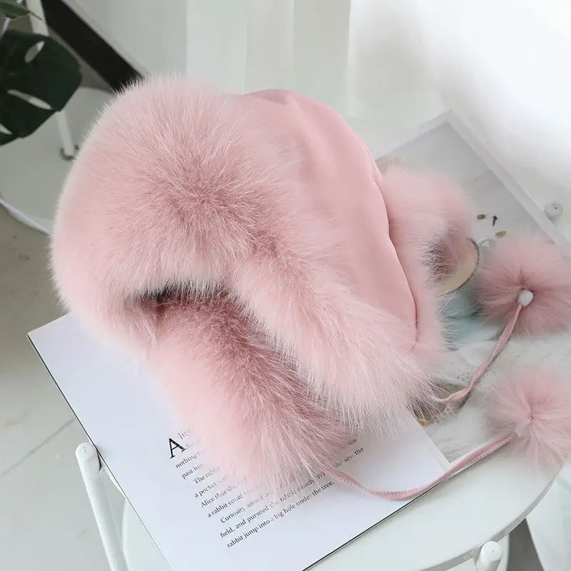 2025 100% Real Fox Fur Hats Women's Russian Ushanka Aviator Trapper Snow Skiing Hat Caps Earflap Winter Raccoon Fur Bomber Hat