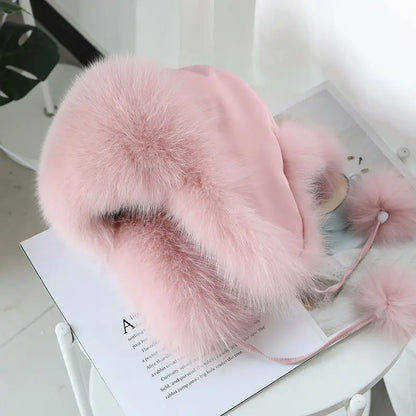 2025 100% Real Fox Fur Hats Women's Russian Ushanka Aviator Trapper Snow Skiing Hat Caps Earflap Winter Raccoon Fur Bomber Hat