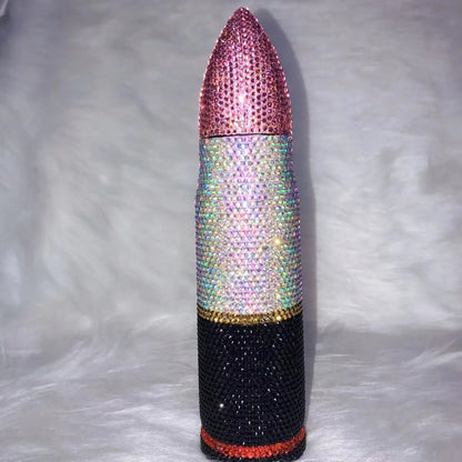 Bling Lipstick Tumbler Customize Name Logo Rhinestone Thermos Cup 17oz Lipstick Shape Stainless Steel Water Bottle Coffee Mugs