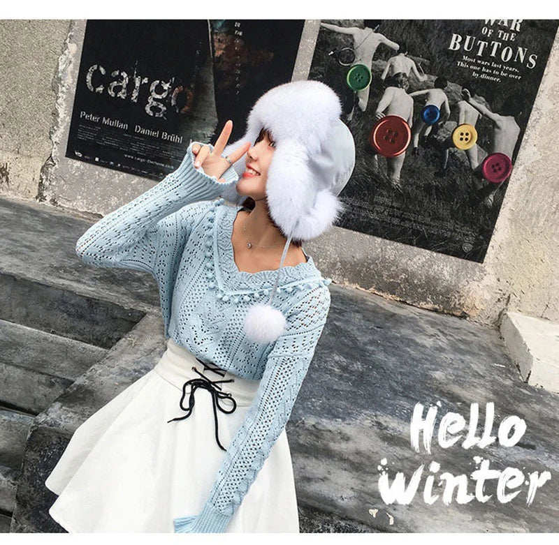 2025 100% Real Fox Fur Hats Women's Russian Ushanka Aviator Trapper Snow Skiing Hat Caps Earflap Winter Raccoon Fur Bomber Hat