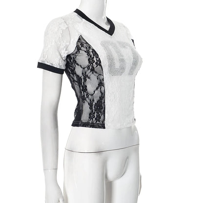 CUTENOVA 2025 Spring And Summer New Letters V Neck Rhinestone American Lace Color Collision Patchwork Top T-Shirt Streetwear