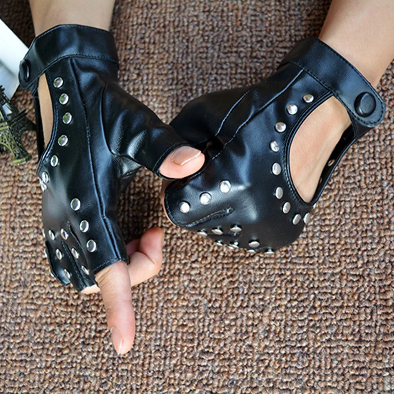Women Punk Fingerless Dance Gloves with Studs Black PU Leather Rivets Cosplay Performance Dance Gloves Sexy Cool Riding Gloves