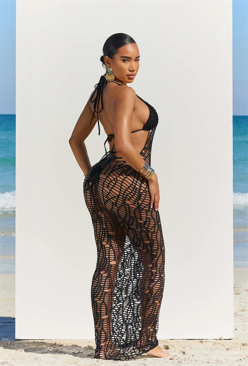 Women 3 Pieces Sexy Beach Bikini Set Backless Hollow Out Hole Knit Long Dress Cover Up+Lace Up Halter Bra Top+Underwear Swimsuit