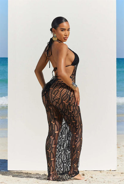 Women 3 Pieces Sexy Beach Bikini Set Backless Hollow Out Hole Knit Long Dress Cover Up+Lace Up Halter Bra Top+Underwear Swimsuit