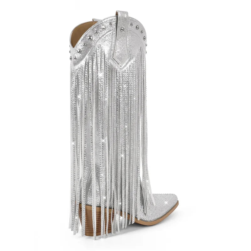 Onlymaker Women Sliver Rhinestone Fringe Knee High Western Boots Big Size Block Heel Pull-On Cowgirl Boots