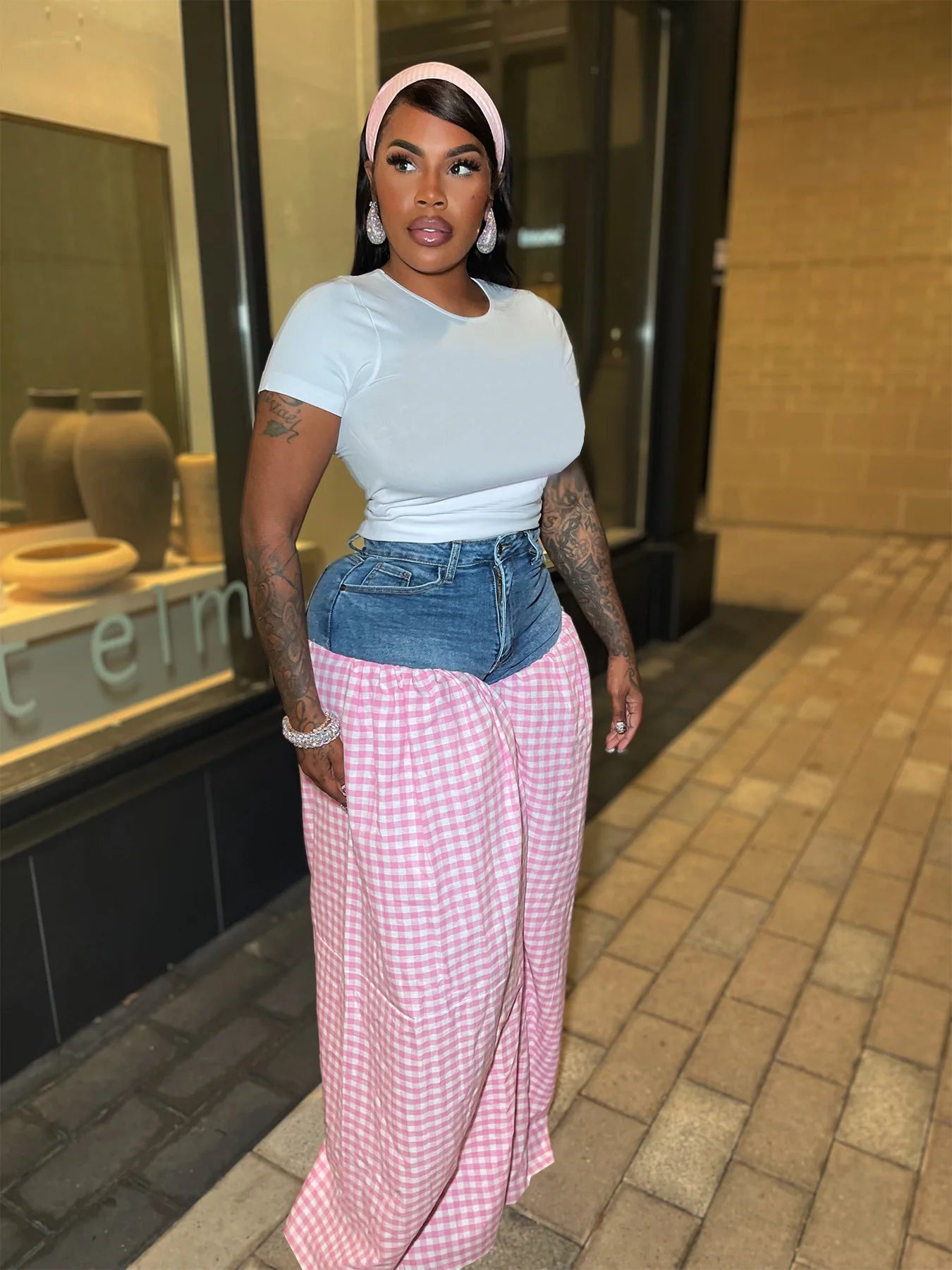 CM.YAYA Fashion Women Plaid Denim Patchwork Loose Wide Leg Jogger Pants 2025 Streetwear Active Hip Hop Sweatpants Trousers