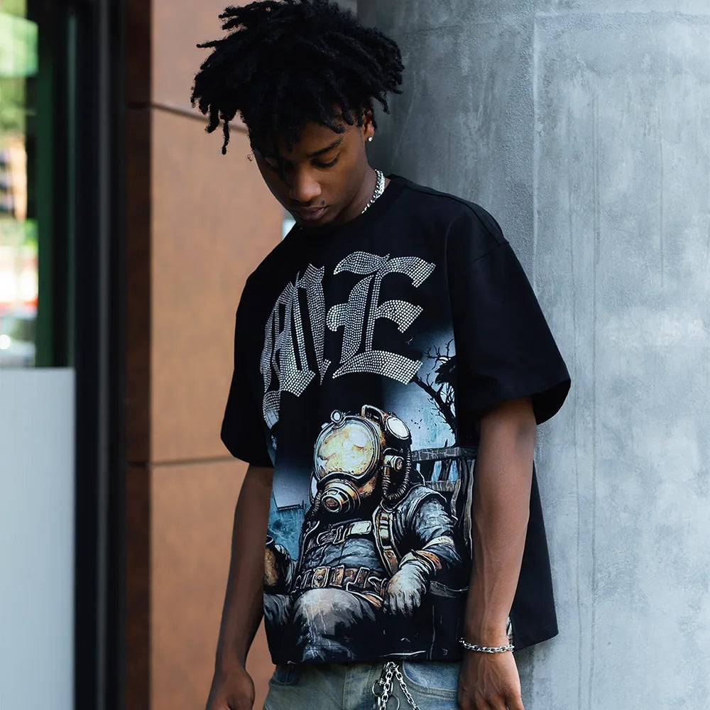 New Summer Letter Rhinestone Short Sleeve Black Mens Tshirts Streetwear Cotton Loose Round Neck Top Tees Oversized Unisex Tshirt