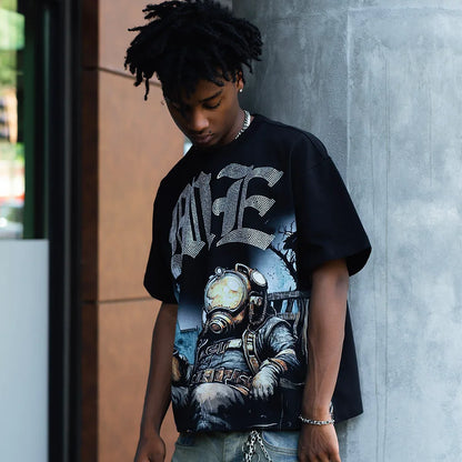 New Summer Letter Rhinestone Short Sleeve Black Mens Tshirts Streetwear Cotton Loose Round Neck Top Tees Oversized Unisex Tshirt
