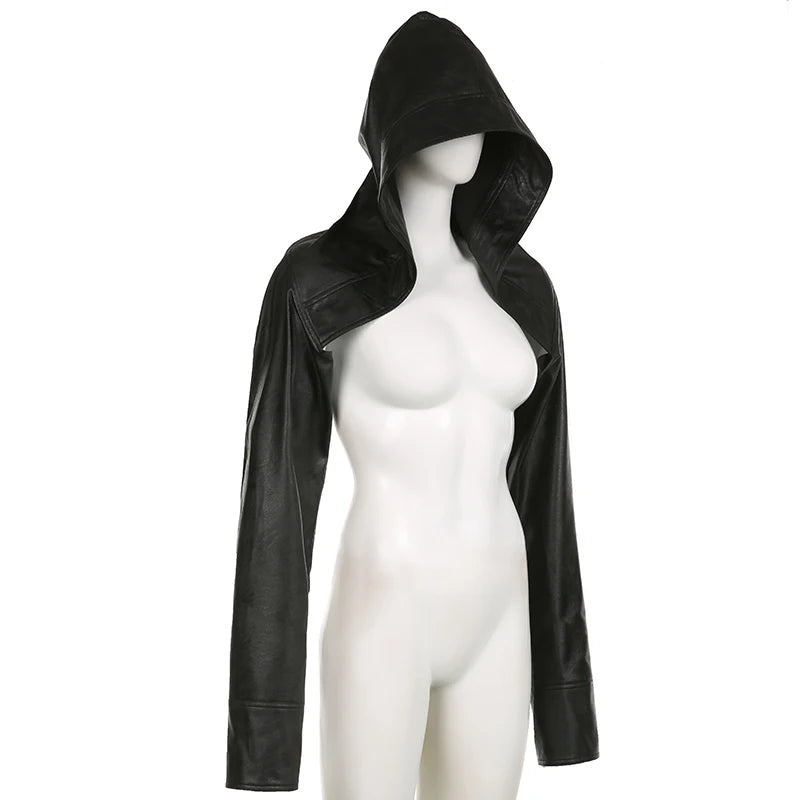 BIIKPIIK Fashion Streetwear Leather Jacket Punk Gothic Black Hooded Coat For Women Full Sleeve All-match Hot Outfit Club Vintage