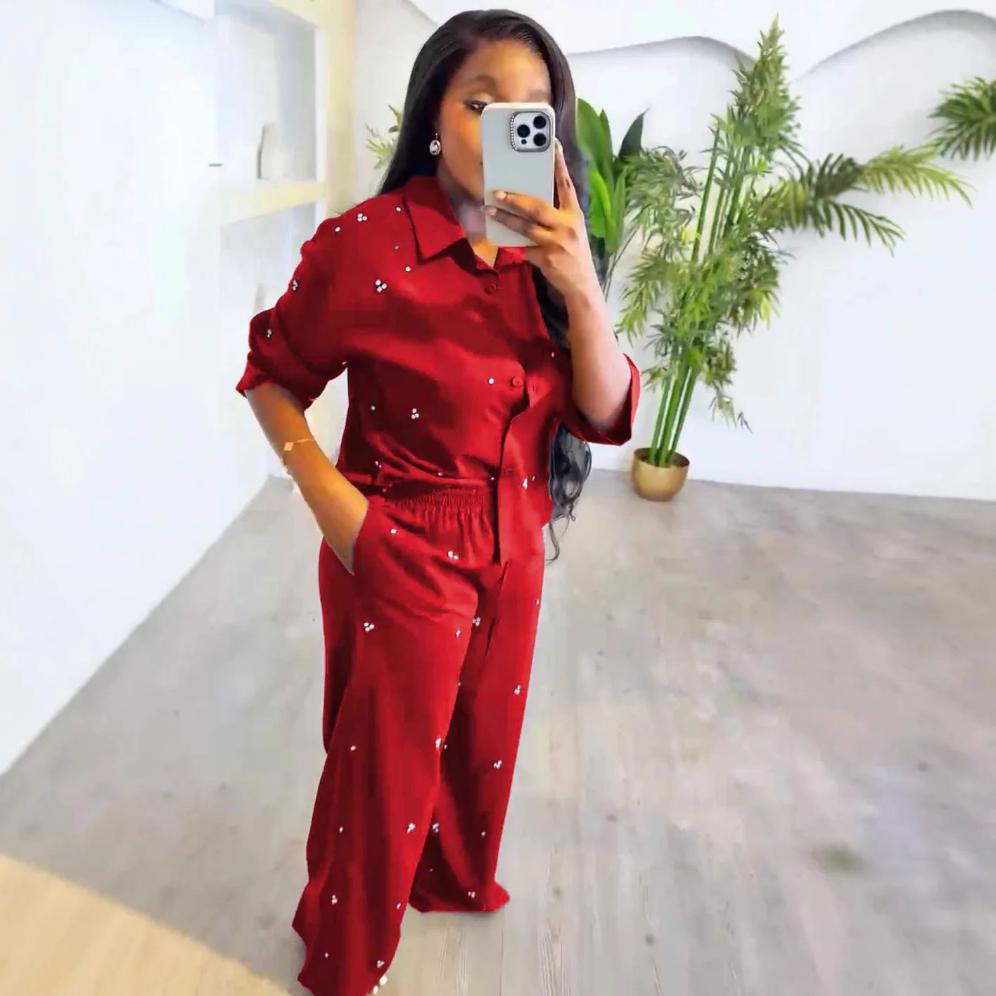 Women Sets Single Breasted Blouses Turn Down Collar Tops Two Pieces Diamonds Ankle Length Straight Pant Pockets Casual Loose