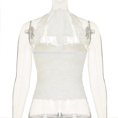 Cuteandpsycho Sexy Lace Patchwork Y2K Camisoles Backless Transparent Slim Outfits Party 90s Vintage Clubwear Halter Neck Tops