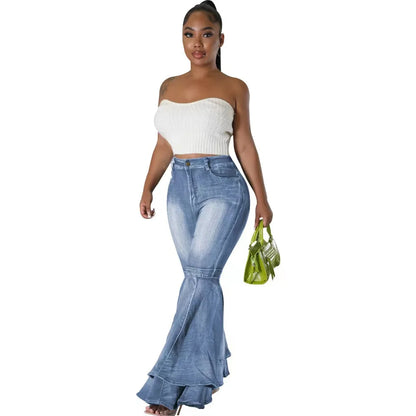 Fashion Versatile Wide Leg Washed Denim Stretch Flared Pants Women