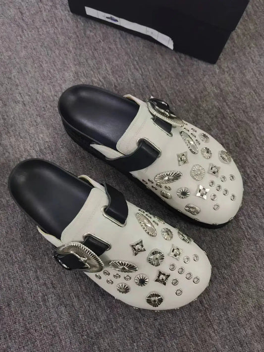 Stylish Woman White Brown Leather with Silver Rivets Slippers Buckle Decoration Comfortable Slip On Round Toe Female Mules Shoes