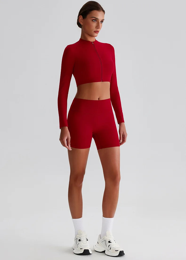 Customized LOGO Women's Skin-friendly Sports Yoga Clothing Slim Elastic Jacket Fitness Shorts Long Sleeve Two-piece Set