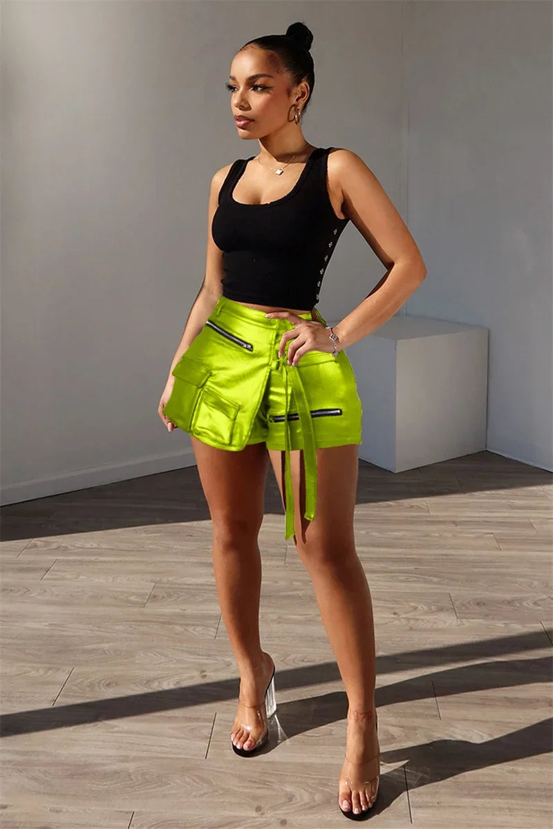 Shiny Metallic Irregular Shorts Skirts Women Y2K Clothing High Waist Button Fly Pockets Party Club Birthday Pantalones Cortos