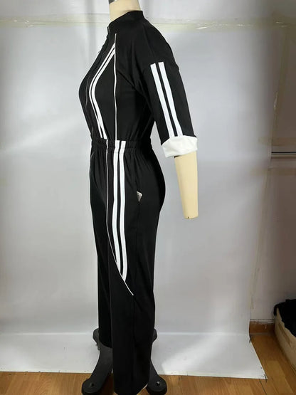 Beyprern Bragging Rights Jumpsuit For Women Runway Short Sleeve Zipper Front Striped Jumpsuit Fitted Romper Club Overalls Outfit