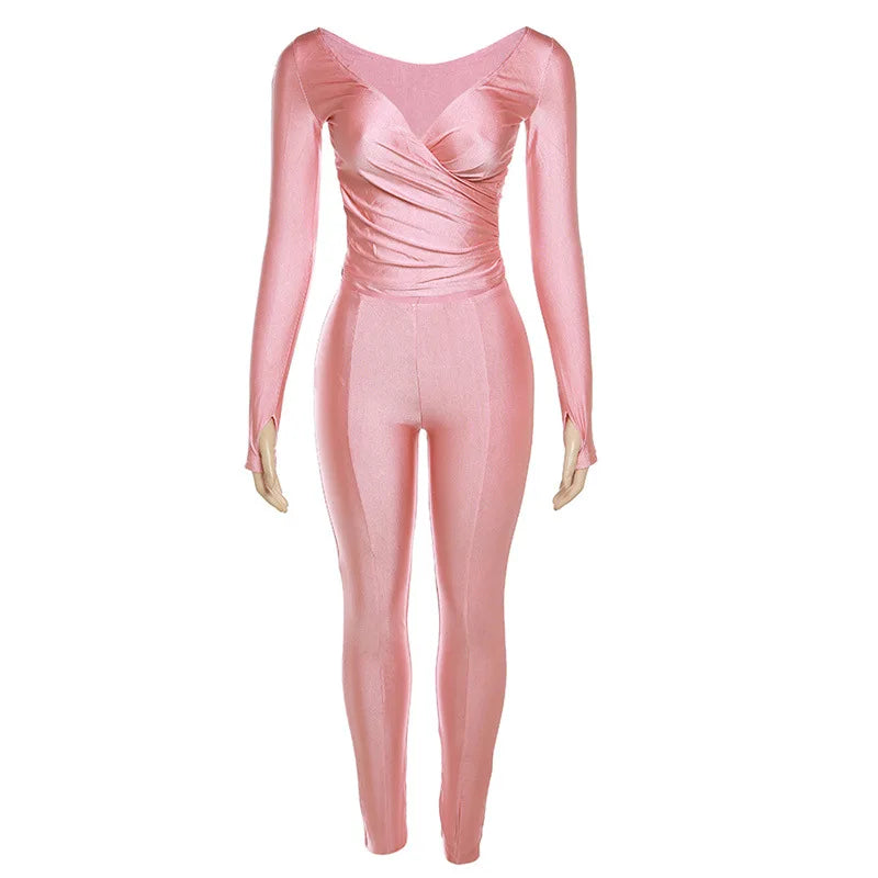 Fashion Women's Two Piece Set Autumn/winter 2025 New Solid Sexy Cross V-Neck Set Long Sleeve Pants Casual Set