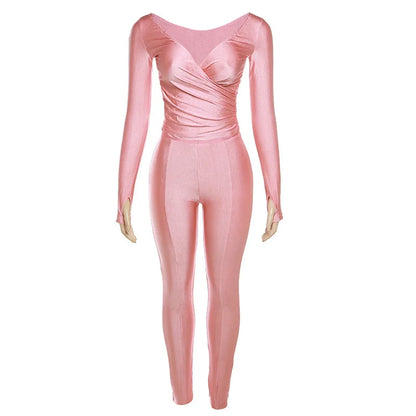 Fashion Women's Two Piece Set Autumn/winter 2025 New Solid Sexy Cross V-Neck Set Long Sleeve Pants Casual Set