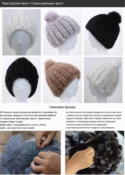 2024 New Genuine Mink Fur Hat Fashion Winter Warm Ball Caps With Copious Female Beanie Knit Cap and Liner 6 Colors BZ-11
