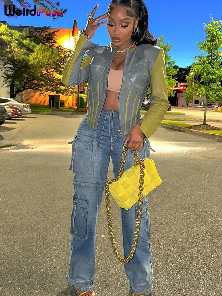 Weird Puss Hipster Patchwork Jacket Women Y2K Faux Leather Irregular Backless Zip Stripe Wild Basic Streetwear Autumn Trend Coat
