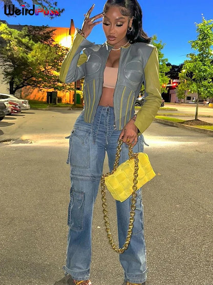 Weird Puss Hipster Patchwork Jacket Women Y2K Faux Leather Irregular Backless Zip Stripe Wild Basic Streetwear Autumn Trend Coat