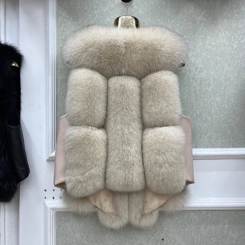 2024 New Autumn Winter Warm Women's Coat Natural Real Fox Fur Vest Thick Mid Length Waistcoat Luxury Female Jacket Streetwear