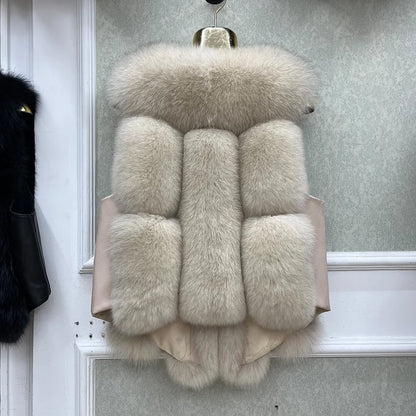 2024 New Autumn Winter Warm Women's Coat Natural Real Fox Fur Vest Thick Mid Length Waistcoat Luxury Female Jacket Streetwear