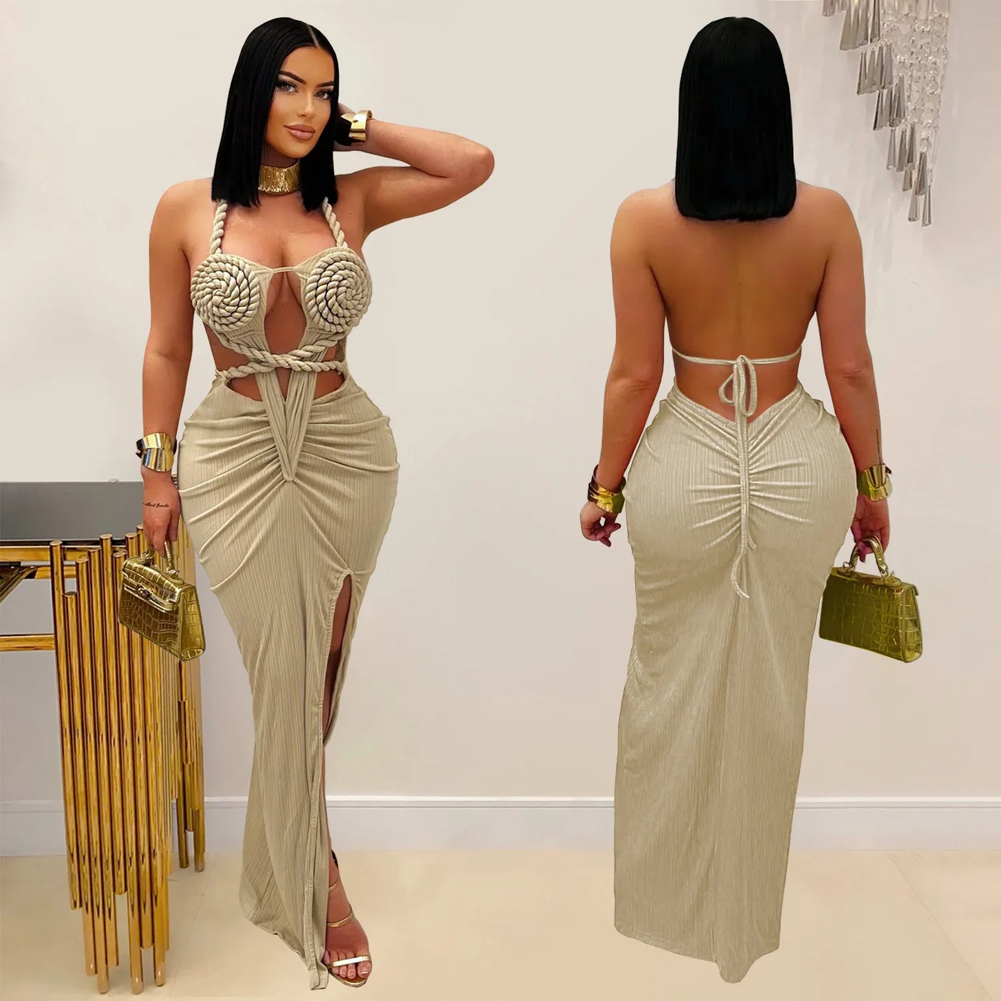 CM.YAYA Women Hemp Rope Halter Neck Stacked Ruched High Split Knit Bodycon Midi Maxi Long Dress 2025 Birthday Sexy Party Dresses