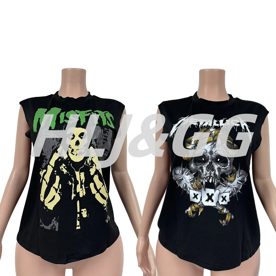HLJ&GG Black Fashion Graphic Printing Loose T Shirts Women Round Neck Sleeveless Tops Summer New Female Hip Hop Streetwear 2025