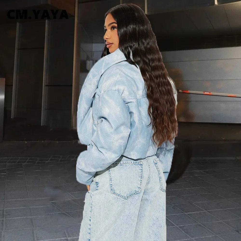 CM.YAYA Streetwear Women Tie Dye Print Long Sleeve Parkas Jacket Thick Warm 2024 Winter Autumn Outwear Coats