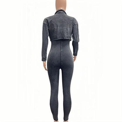 FAGADOER High Quality Rib Women 2 Piece Set Outfit Fashion Long Sleeve Crop Jacket + Bodycon Jumpsuits Suits Clothing 2025 New
