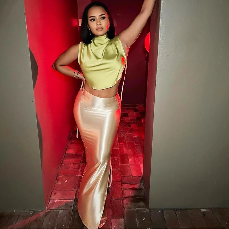 CUTENOVA Stain Long Solid Color Skirt Elegant High Waist Side Split Maxi Skirts Party Sexy Clothes for Women Autumn 2024
