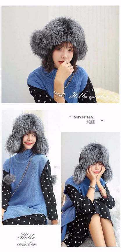 2025 100% Real Fox Fur Hats Women's Russian Ushanka Aviator Trapper Snow Skiing Hat Caps Earflap Winter Raccoon Fur Bomber Hat
