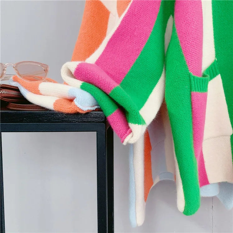 Joskaa Striped Patchwork Knitted Cardigan Women V-Neck Long Sleeve Single Breasted Sweater Coat Autumn 2023 Outwear Streetwear