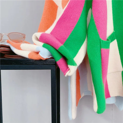 Joskaa Striped Patchwork Knitted Cardigan Women V-Neck Long Sleeve Single Breasted Sweater Coat Autumn 2023 Outwear Streetwear