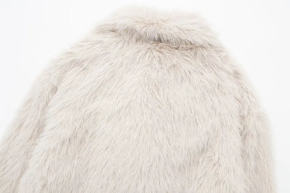 TRAFZA Female Vintage Artificial Fur Effect Coats Lapel Warm Plush Long Sleeves Hidden Buttons Autumn Winter Casual Outerwear