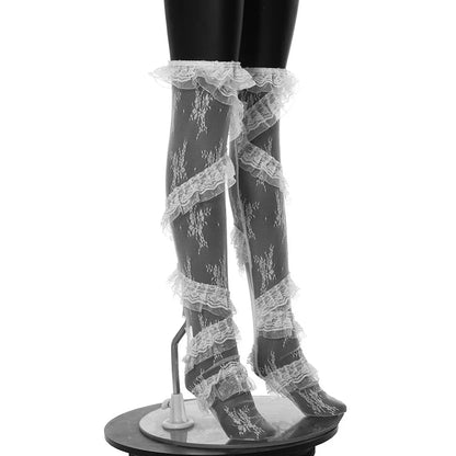 BKLD Stockings Women Spring New Fashion Ruffles Patchwork Loose Lace Knee High Socks Harajuku Streetwear Fishnet Stockings