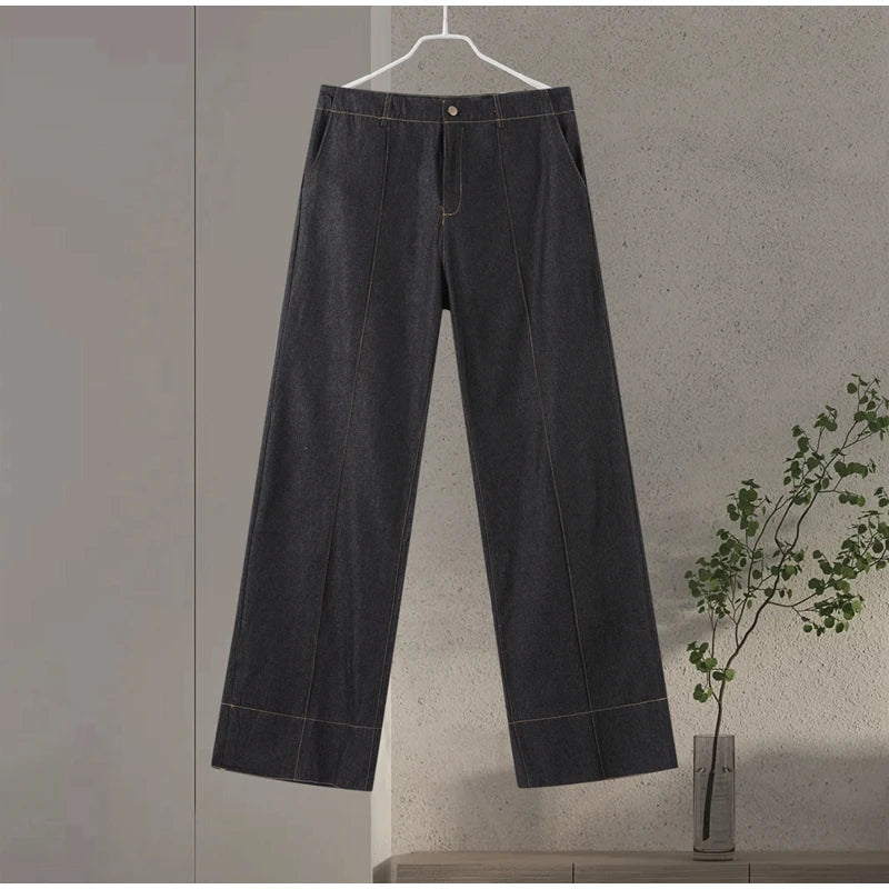 Street Vintage Denim Pants Sets Women Slim Long Sleeve Lapel Single Breasted Jacket Straight Trousers 2025 Spring Lady Outfits