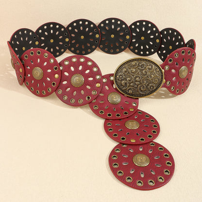New rivet round piece ethnic style belt for women vintage with skirt pants waist cover Boho style patchwork belt