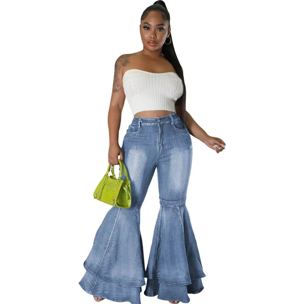 Fashion Versatile Wide Leg Washed Denim Stretch Flared Pants Women