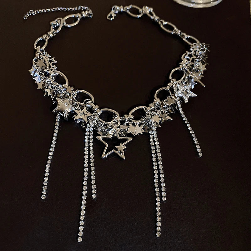 Silver Color Hollow Star Choker Necklaces For Women Long Tassel Rhinestone Imitation Pearl Chain Necklaces Statements Jewelry
