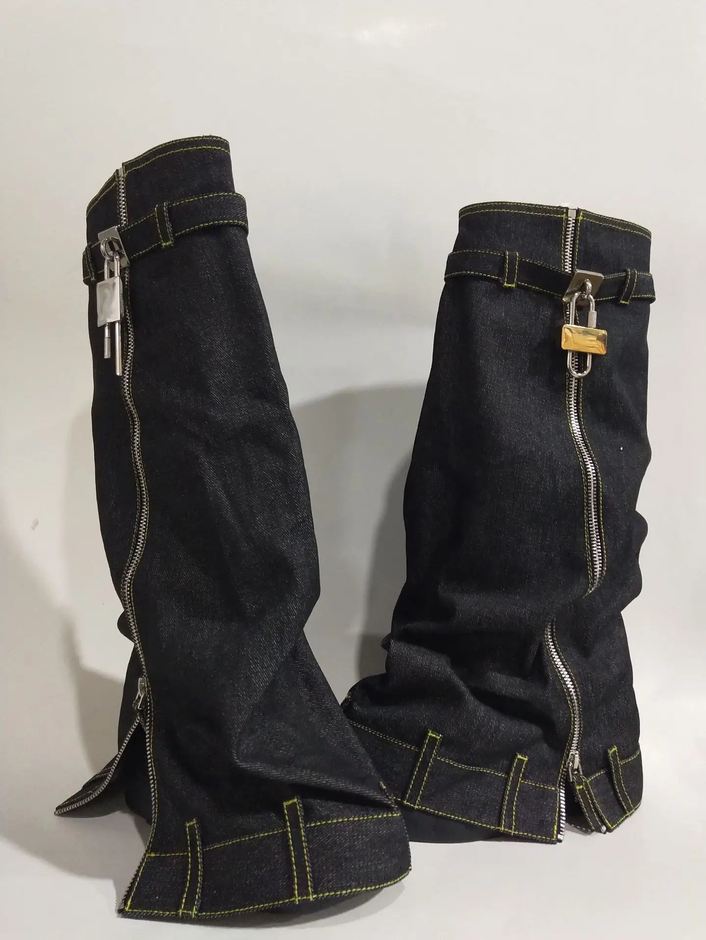 Denim Boots Sporty Women's Patchwork Light Metal Lock Knee High Booties Slip On Foldable Sneakers Round Toe Flat Heighten Shoes