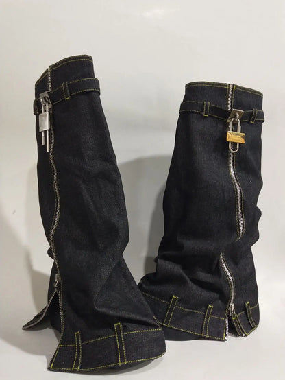 Denim Boots Sporty Women's Patchwork Light Metal Lock Knee High Booties Slip On Foldable Sneakers Round Toe Flat Heighten Shoes