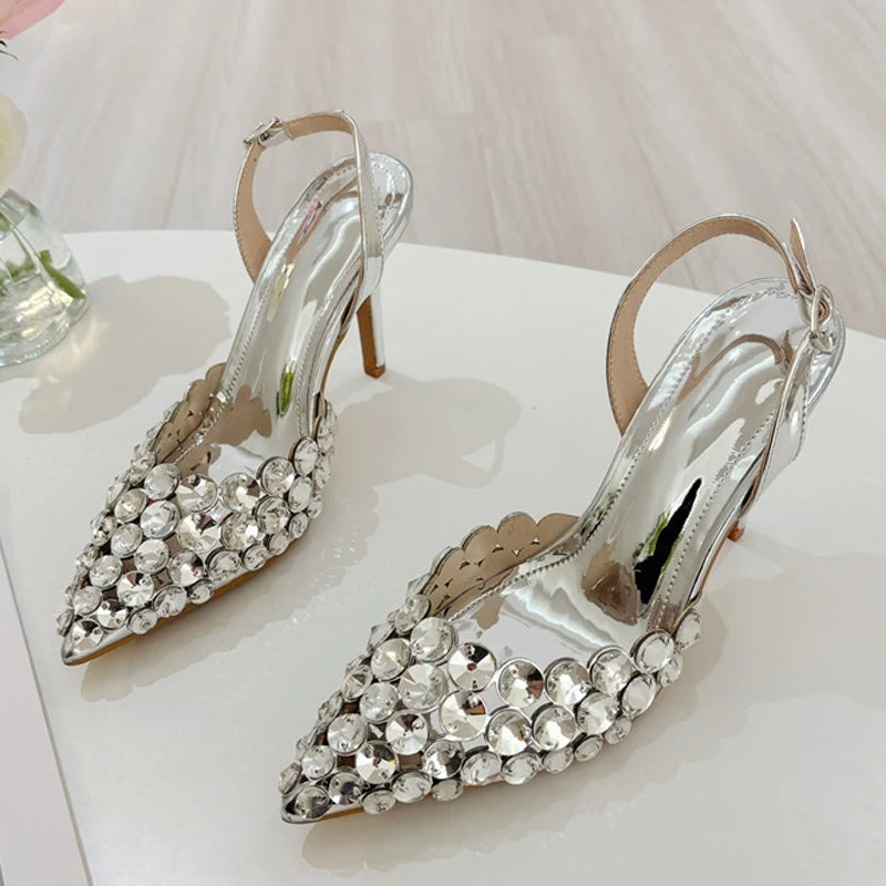 Liyke Elegant Pointed Toe Slingback Stiletto Sandals Crystal Diamonds Women Pumps High Heels Wedding Prom Shoes Zapatos Mujer