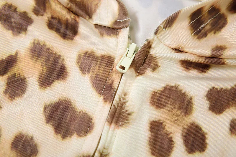 FAGADOER Sexy Leopard Print 2 Piece Sets Women Outfit Long Sleeve Zipper Hooded Crop Jacket + Flare Pants Suits Female Clothing