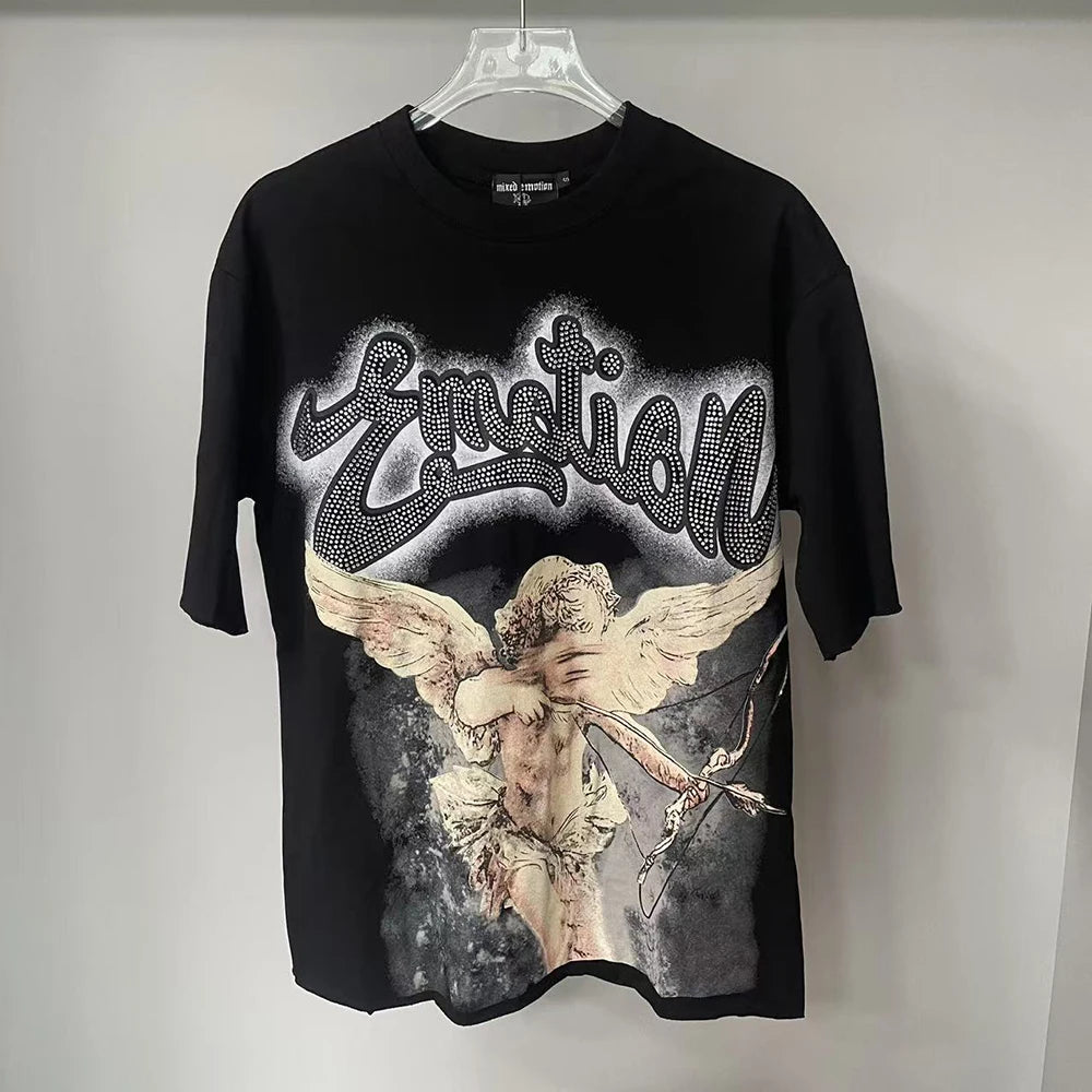 New Summer Letter Rhinestone Short Sleeve Black Mens Tshirts Streetwear Cotton Loose Round Neck Top Tees Oversized Unisex Tshirt