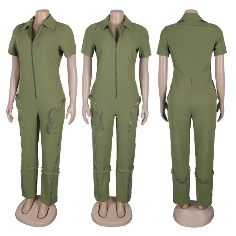 Streetwear Front Zipper Turn-down Collar Cargo Jumpsuit Women Short Sleeve Multiple Pockets One Pieces Romper Casual Overalls