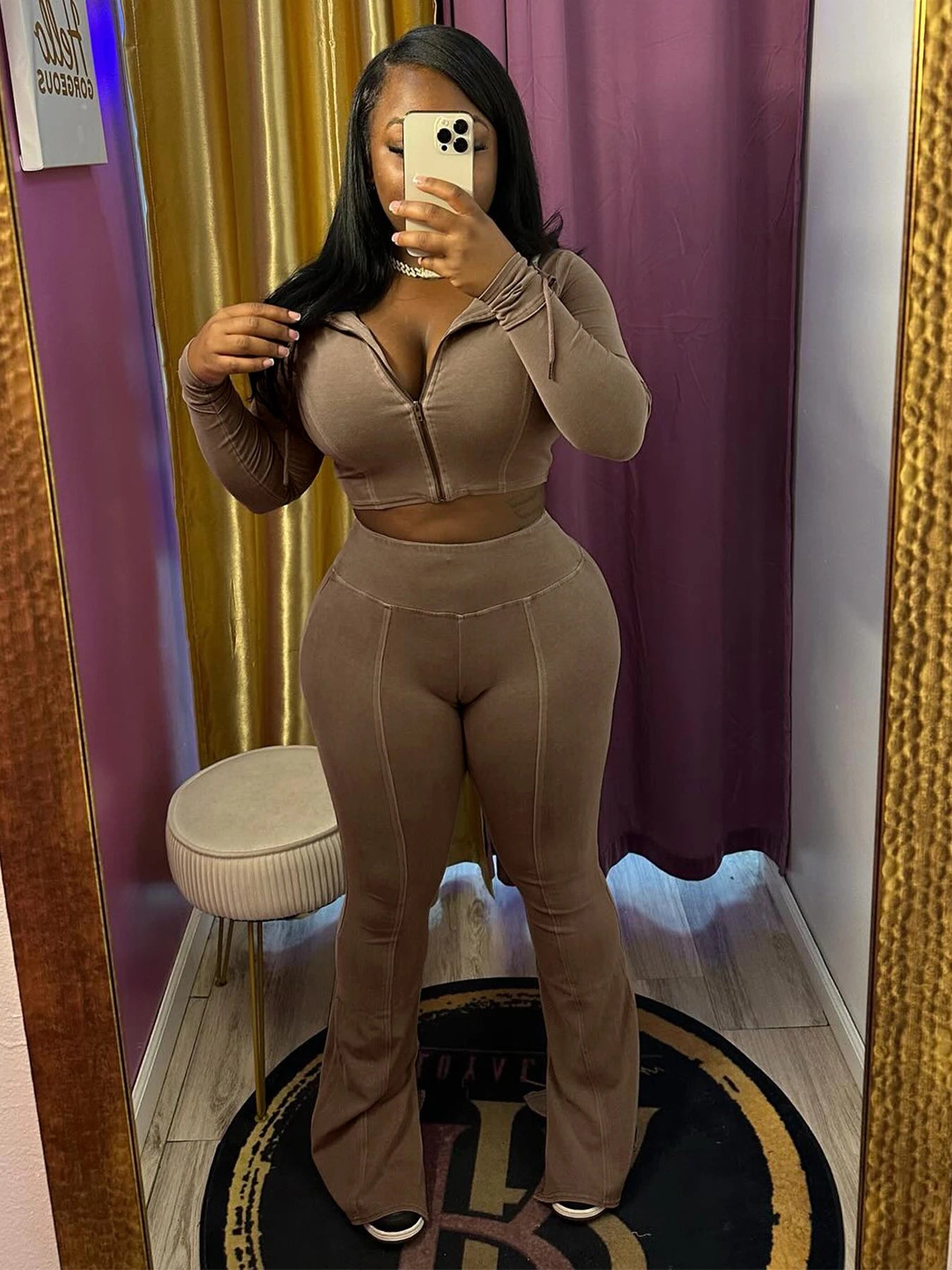 Weird Puss Distressed Women Two Piece Set Tracksuit Zip Hooded Jacket+Waistband Flare Pants Streetwear Matching Stripe Outfits