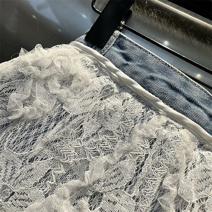 Ruffle Leaf Edge Irregular Curtain Skirt Sweet A Line Skirt Lace Splicing Denim Shorts Street Hipster Denim Shorts Women